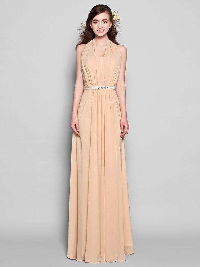  Sheath / Column Halter Neck Floor Length Chiffon Bridesmaid Dress with Bow(s) / Crystals / Draping by LAN TING BRIDE®