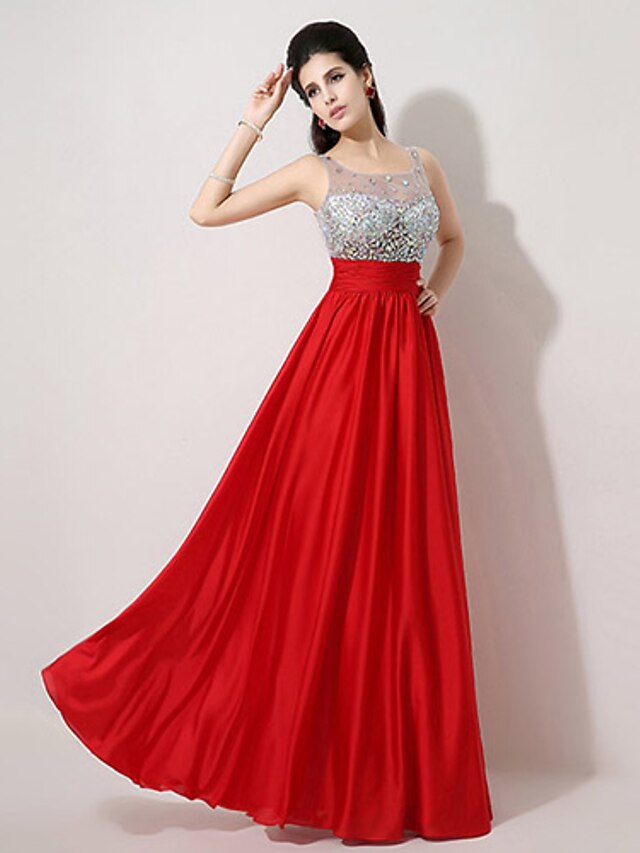  A-Line Scoop Neck Floor Length See Through Formal Evening Dress with Beading by