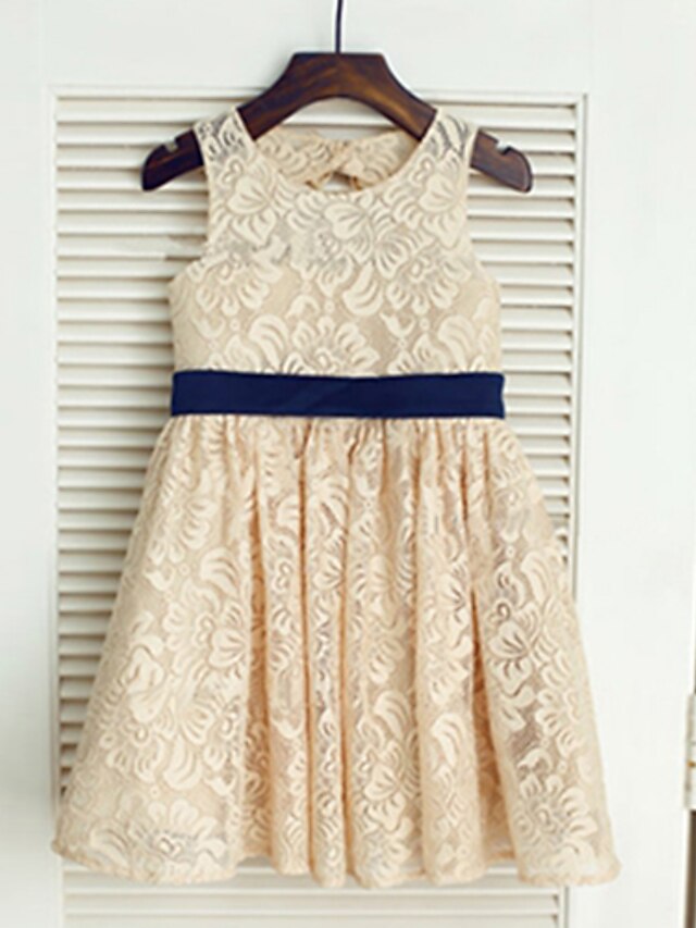  A-Line Tea Length Flower Girl Dress - Lace Sleeveless Jewel Neck with Bow(s) by LAN TING BRIDE®