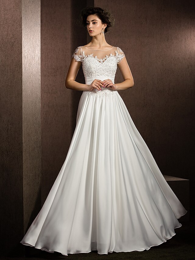  A-Line Wedding Dresses Scoop Neck Floor Length Satin Chiffon Short Sleeve Casual Plus Size with Beading Appliques 2022 / Illusion Sleeve