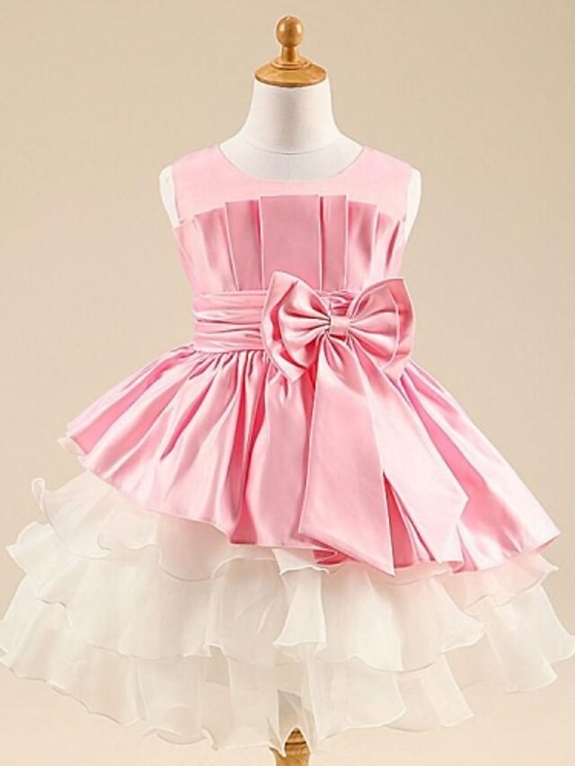  Ball Gown / Princess Tea Length Flower Girl Dress - Satin / Tulle Sleeveless Scoop Neck with Bow(s) / Sash / Ribbon / Pleats by