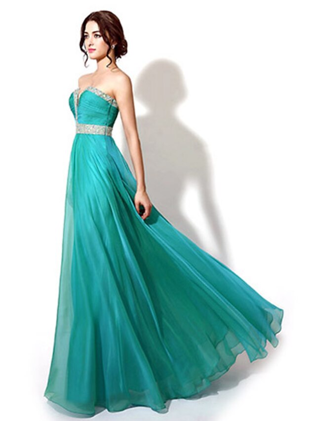  A-Line Sparkle & Shine Formal Evening Dress Sweetheart Neckline Sleeveless Floor Length Chiffon with Beading 2021