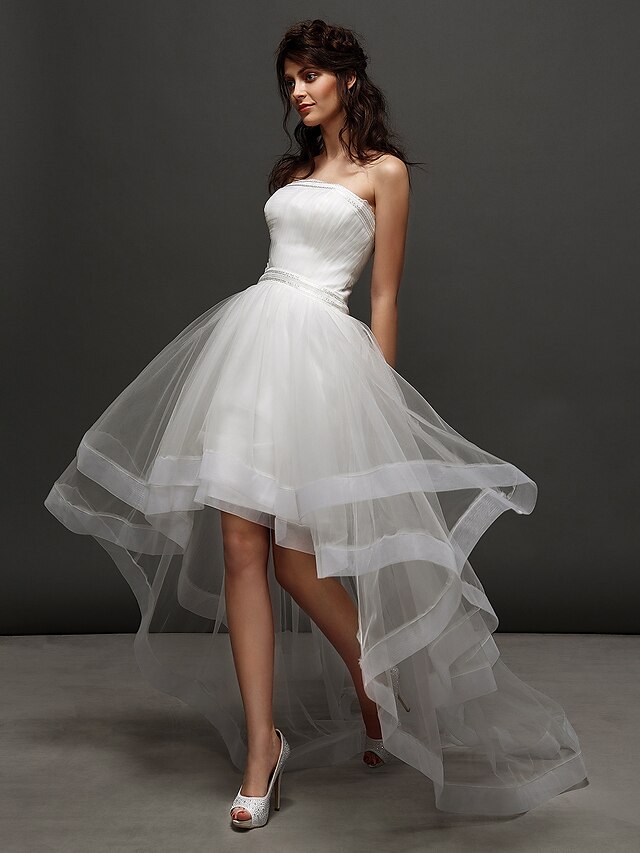  Wedding Dresses Asymmetrical A-Line Strapless Strapless Tulle With Ruched Beading 2023 Winter Bridal Gowns