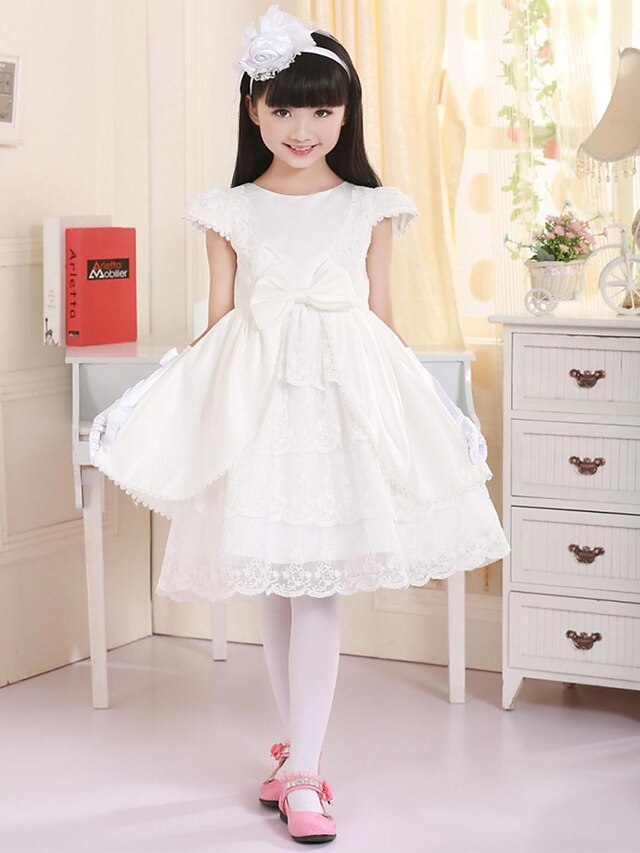 Princess Knee Length Flower Girl Dress Homecoming Cute Prom Dress Satin with Lace Elegant Fit 3-16 Years