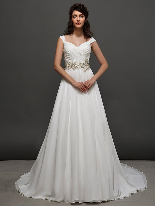  A-Line Wedding Dresses Sweetheart Neckline Chapel Train Chiffon Cap Sleeve Vintage Sparkle & Shine with Sash / Ribbon Ruched Beading 2022