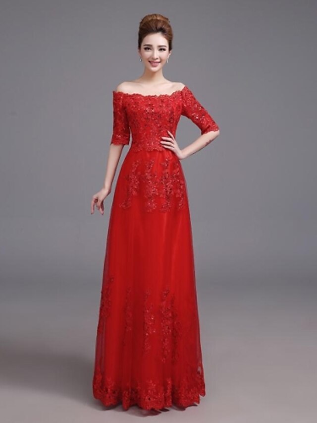  A-Line Off Shoulder Floor Length Satin Vintage Inspired Formal Evening Dress with Pocket by