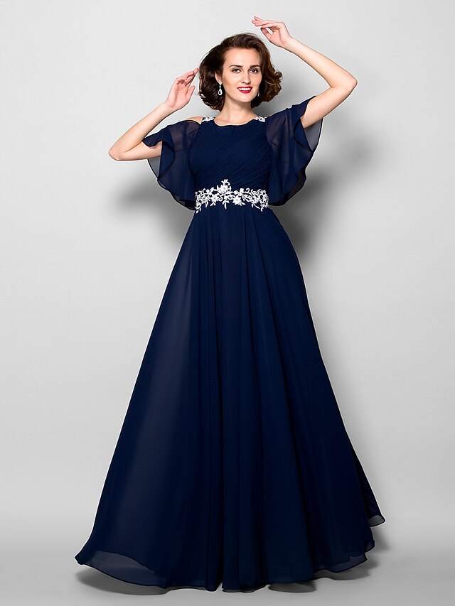  A-Line Mother of the Bride Dress Jewel Neck Floor Length Chiffon Short Sleeve with Criss Cross Beading Appliques