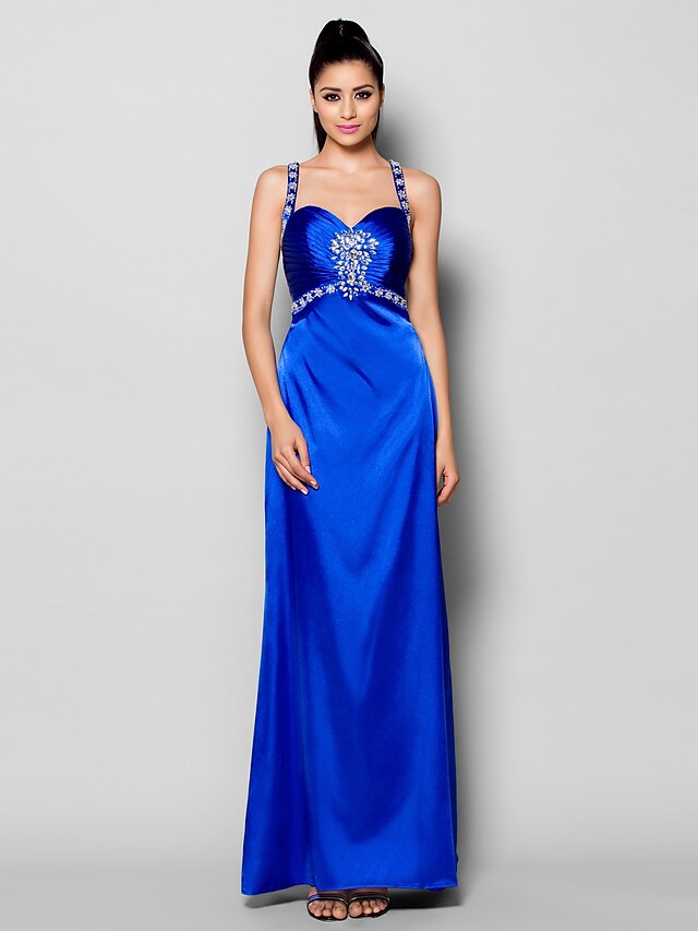  Sheath / Column Beautiful Back Formal Evening Dress Straps Sleeveless Floor Length Stretch Satin with Ruched Crystals Beading 2020