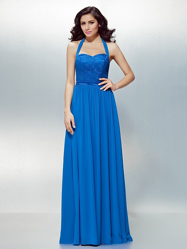  A-Line Open Back Formal Evening Dress Halter Neck Sleeveless Floor Length Chiffon Lace with Lace Sash / Ribbon