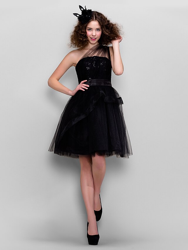  robe de bal petite robe noire retour cocktail robe de bal une épaule sans manches longueur au genou tulle avec dentelle sequin