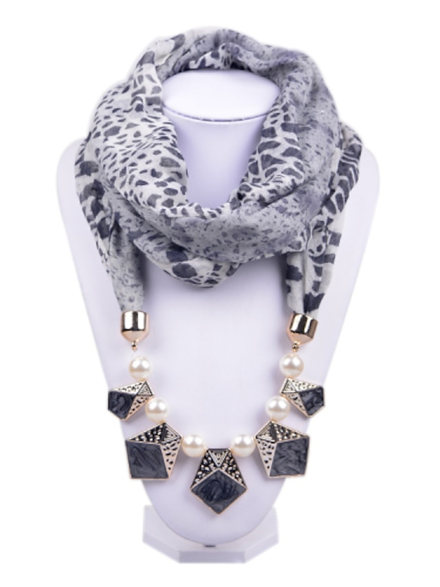  D Exceed  Women Infinity Ring Scarf Necklace Black Leopard Printing Chiffon with Pearl Beads Pendant Scarves