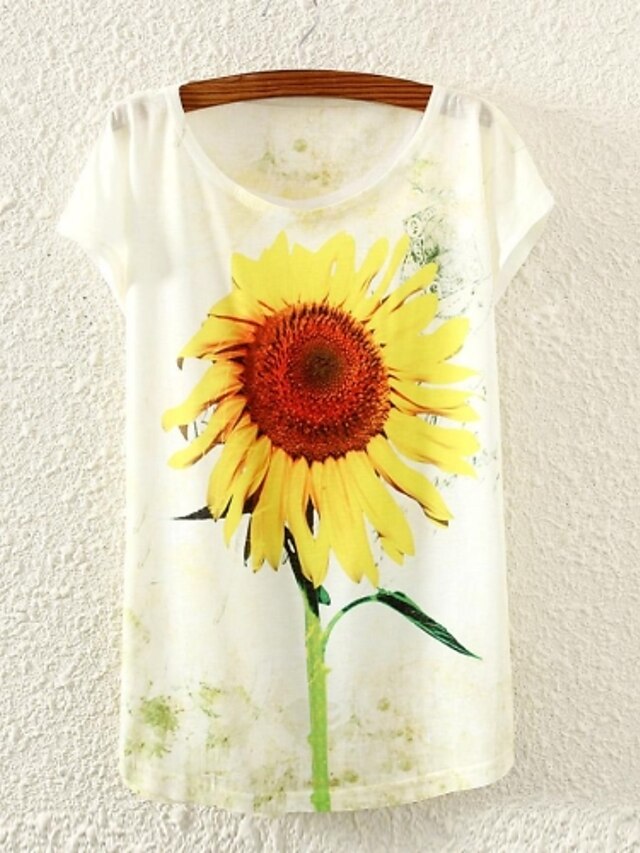  Damen Druck T-shirt,Rundhalsausschnitt Sommer Kurzarm Weiß Dünn