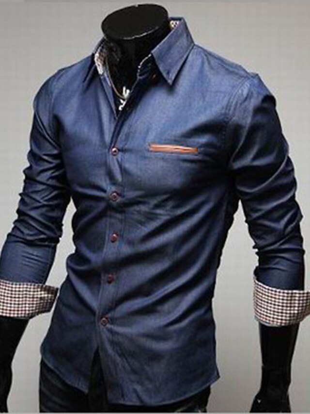  férfi ing ruha ing egyszínű klasszikus gallér sötétkék világoskék hosszú ujjú napi munka karcsú felsők üzlet / tavasz / ősz