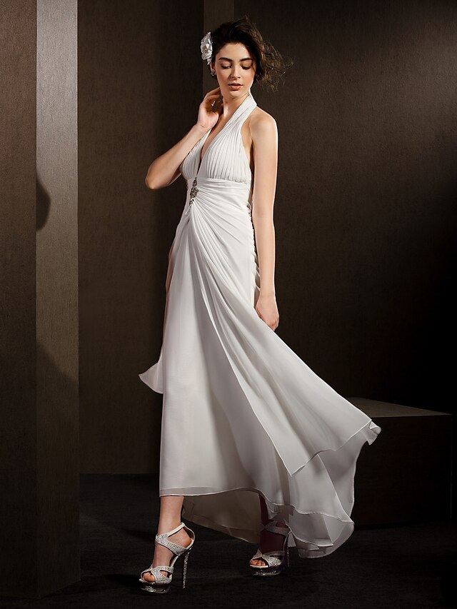  Sheath / Column Halter Neck Asymmetrical Chiffon Made-To-Measure Wedding Dresses with Draping / Crystal Floral Pin / Side-Draped by LAN TING BRIDE® / Open Back