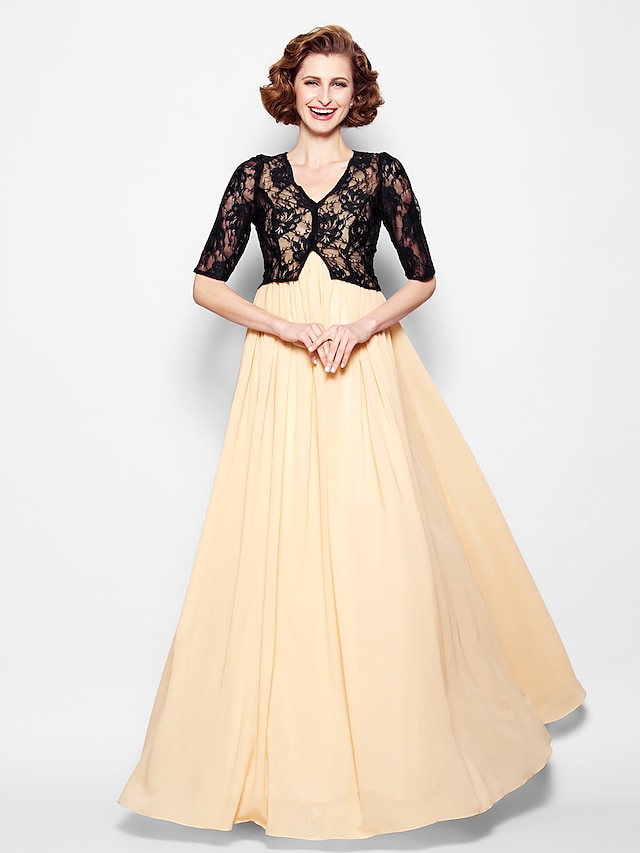  A-Line Mother of the Bride Dress Wrap Included V Neck Floor Length Chiffon Lace Half Sleeve yes with Lace 2023