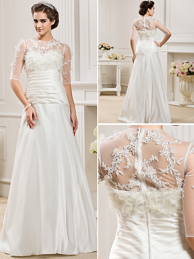  Hall Wedding Dresses A-Line Jewel Neck Half Sleeve Floor Length Satin Bridal Gowns With 2024