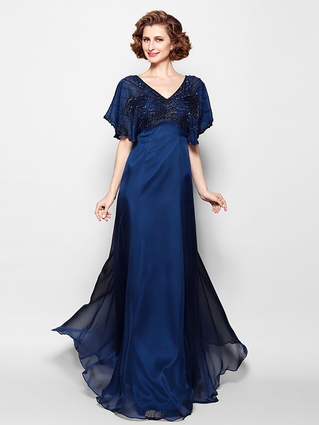  A-Line V Neck Floor Length Chiffon Mother of the Bride Dress with Beading by LAN TING BRIDE® / Sparkle & Shine