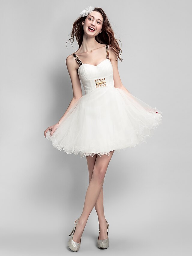  suknia balowa sukienka koktajlowa na ramiączkach bez rękawów krótka / mini tiul z marszczonymi kryształkami cekinami
