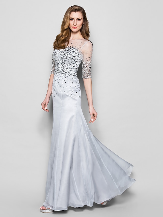  A-Line Jewel Neck Floor Length Organza Mother of the Bride Dress with Beading / Sequin by LAN TING BRIDE® / Illusion Sleeve