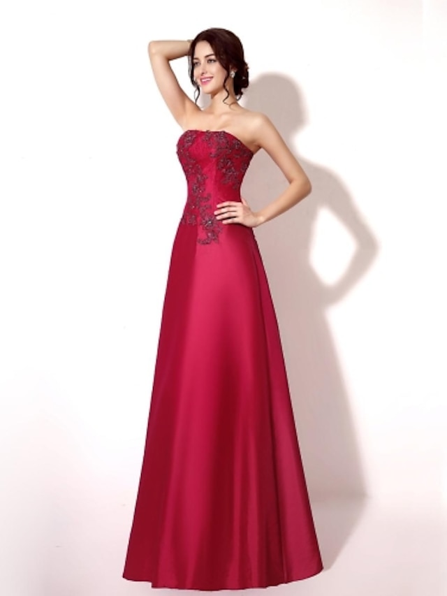  A-Line Strapless Floor Length Lace / Taffeta Vintage Inspired Formal Evening Dress with Beading / Appliques / Lace by