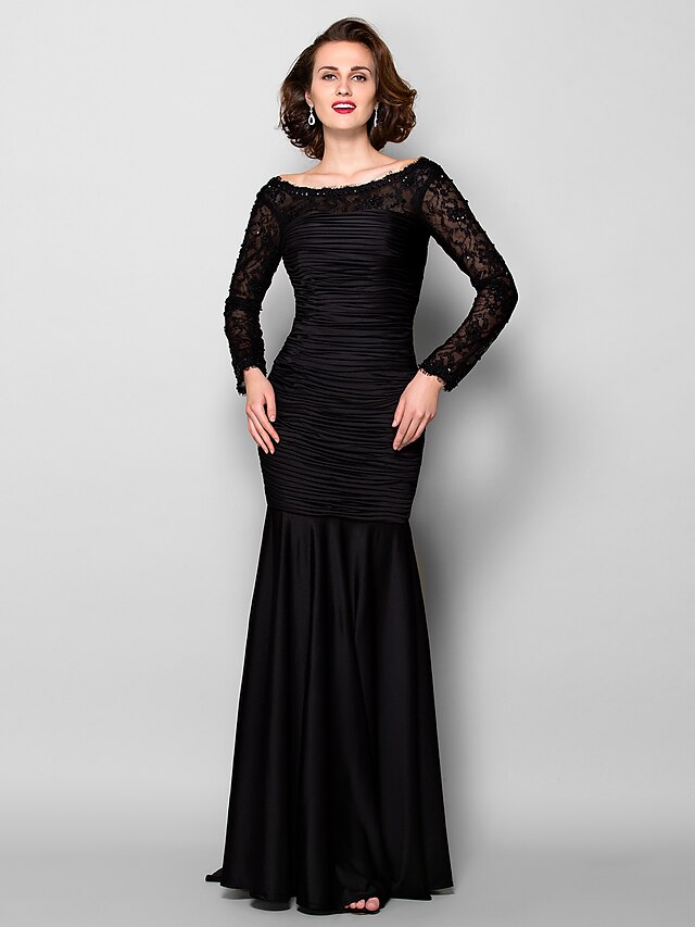 Sheath / Column Mother of the Bride Dress Beautiful Back Jewel Neck Sweep / Brush Train Lace Jersey Long Sleeve with Lace Ruched Beading 2022