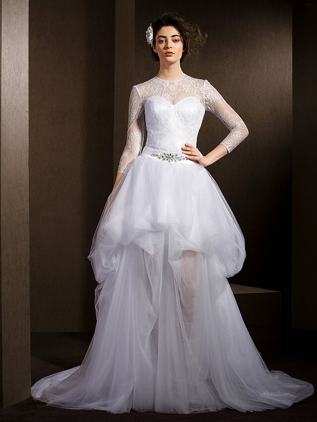  Linia -A Iluzii Trenă Court Dantelă / Tulle Made-To-Measure rochii de mireasa cu Cristal / Rochie Pick Up / Eșarfă / Panglică de LAN TING BRIDE® / Trenă detașabilă / Iluzie