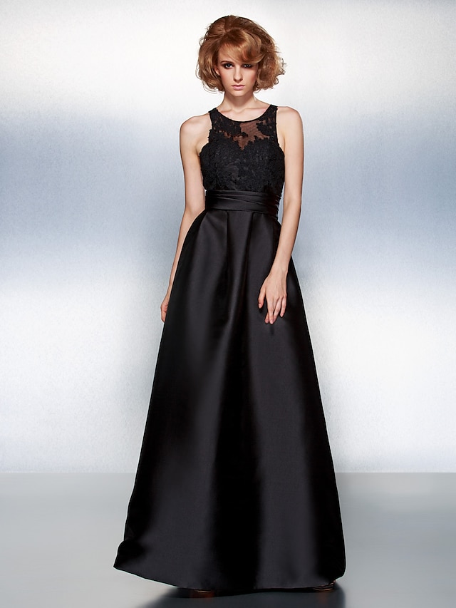  A-Line Prom Formal Evening Dress Jewel Neck Sleeveless Floor Length Satin with Sash / Ribbon Ruched Appliques
