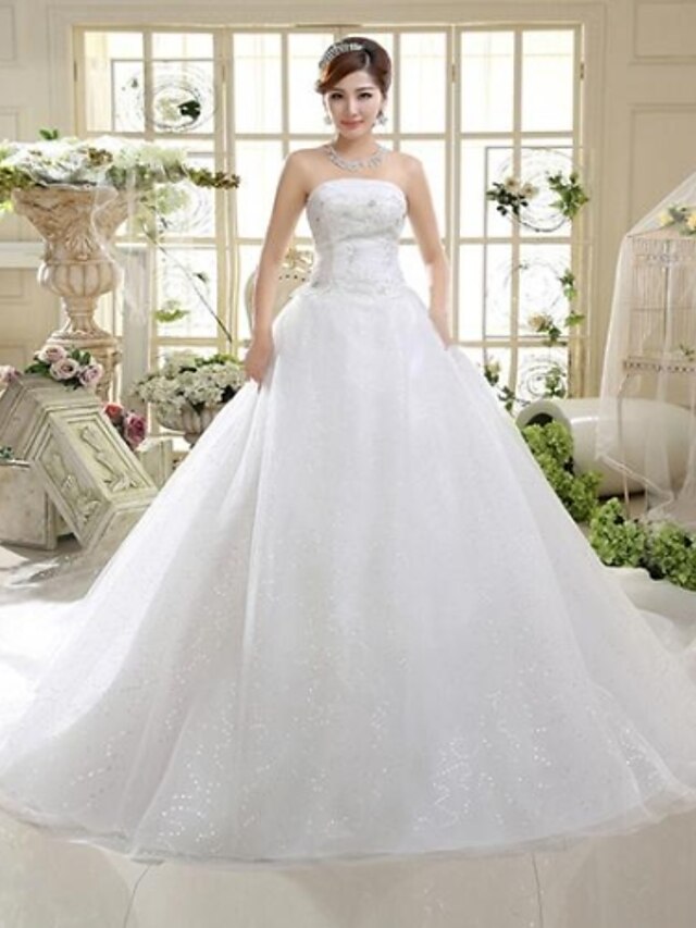  A-Line Strapless Cathedral Train Tulle Made-To-Measure Wedding Dresses with Bowknot / Sequin by / Open Back