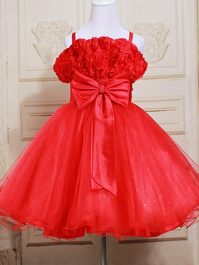  A-line Knee-length Flower Girl Dress - Satin / Tulle Sleeveless Straps with