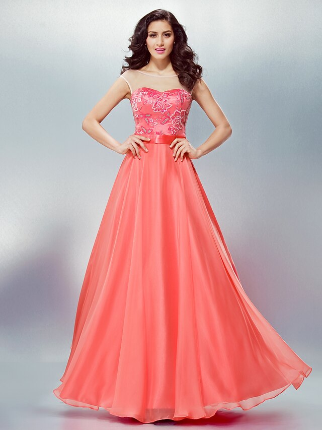  A-Line Dress Formal Evening Floor Length Scoop Neck Chiffon with Sash / Ribbon Beading Appliques 2024