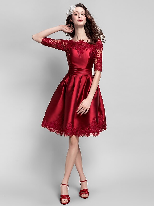  Fit & Flare Chic & Modern Dress Holiday Knee Length Half Sleeve Bateau Neck Satin with Ruched Appliques 2022 / Illusion Sleeve / Cocktail Party / Prom