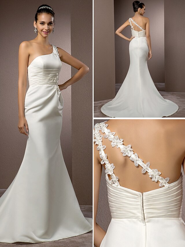  Hall Wedding Dresses Court Train Mermaid / Trumpet Sleeveless One Shoulder Satin With 2023 Fall Bridal Gowns