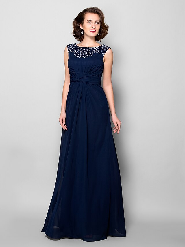  A-Line Mother of the Bride Dress Sparkle & Shine Jewel Neck Floor Length Chiffon Sleeveless with Criss Cross Ruched Crystals 2021