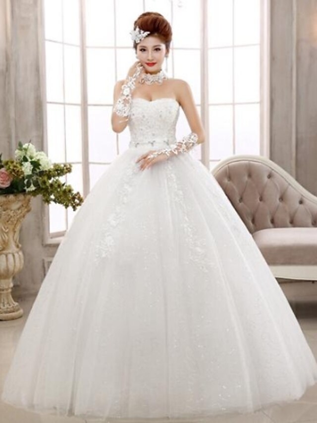  Ball Gown Strapless Floor Length Lace Made-To-Measure Wedding Dresses with Beading / Appliques by