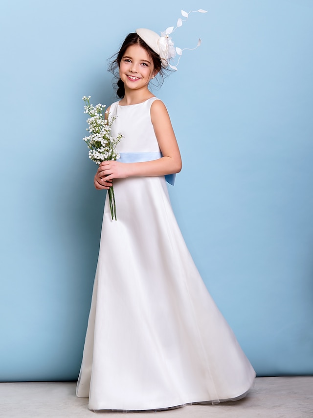  A-Line Jewel Neck Floor Length Satin / Tulle Junior Bridesmaid Dress with Sash / Ribbon / Bow(s)