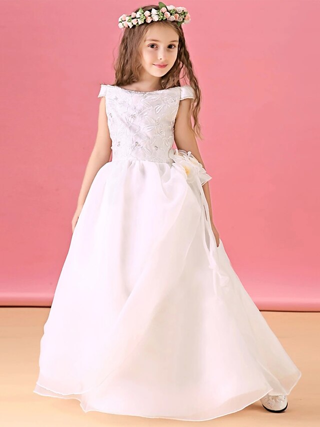  A-Line Floor Length Flower Girl Dress - Organza Satin Short Sleeves Bateau Neck with Lace Sash / Ribbon Pleats by 21KIDS