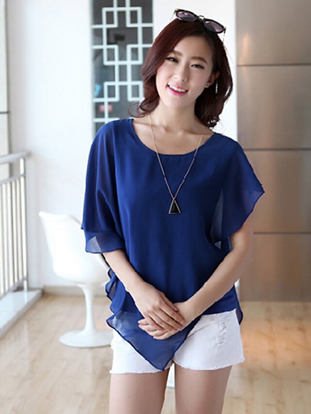  Women's Casual/Work Round Short Sleeve Tops & Blouses (Chiffon)