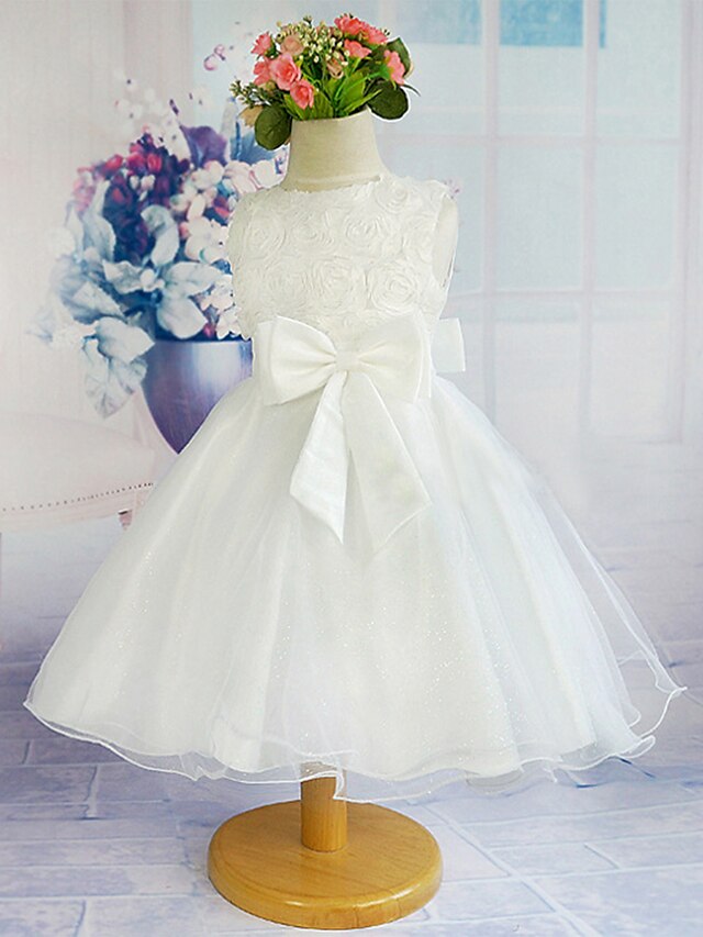  A-Line Knee Length Flower Girl Dress - Polyester Tulle Sleeveless Jewel Neck with Ribbon