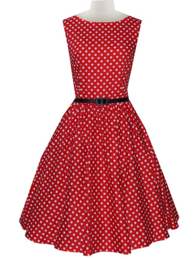  Women's Going out Vintage Cotton Loose Sheath Skater Dress - Polka Dot Pleated Boat Neck