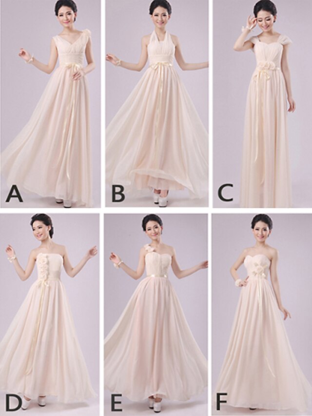  Sheath / Column Straps / One Shoulder / Halter Neck Floor Length Chiffon Bridesmaid Dress with Sash / Ribbon / Pleats / Flower