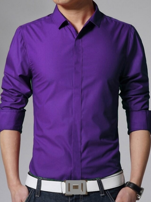  Homme Chemise Couleur Pleine Col Classique Blanche Noir Violet Incarnadin Vert Véronèse Manches Longues du quotidien Travail Basique Mince Hauts Entreprise