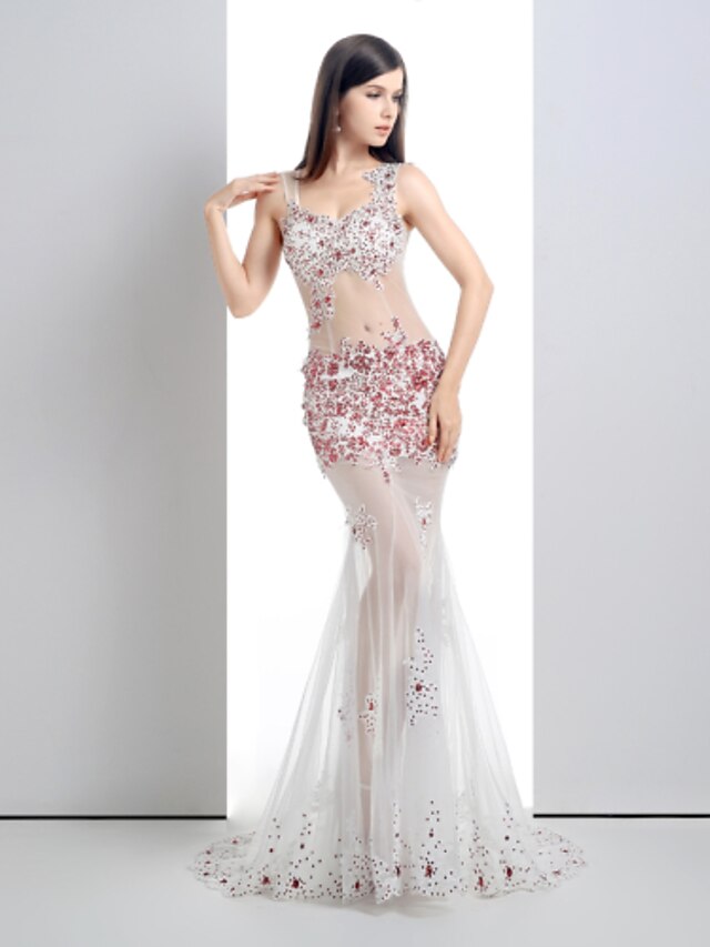  Mermaid / Trumpet See Through Dress Formal Evening Court Train Sleeveless V Neck Lace with Lace Crystals 2024
