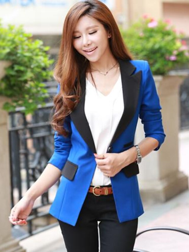  Women's All Seasons Blazer,Patchwork Shirt Collar ¾ Sleeve Blue / Pink / Black / Green / Yellow Polyester Medium