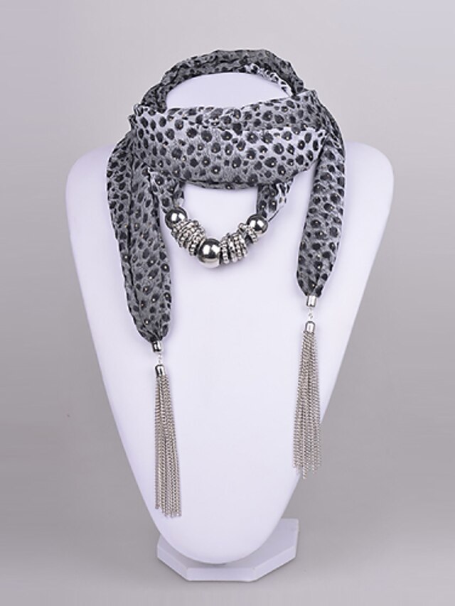  D Exceed Women's  Grey Leapord Chiffon Scarf necklace Silver CCB Ring Scarf Necklace with tassels