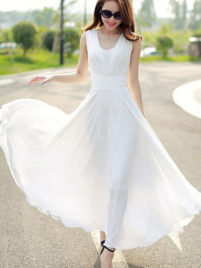  Women's Going out Sophisticated Maxi Swing Dress - Solid Colored U Neck Summer White Green M L XL