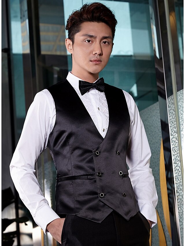  Black Solid Cotton Tailored Fit Suit Vest Double Breasted Six-buttons