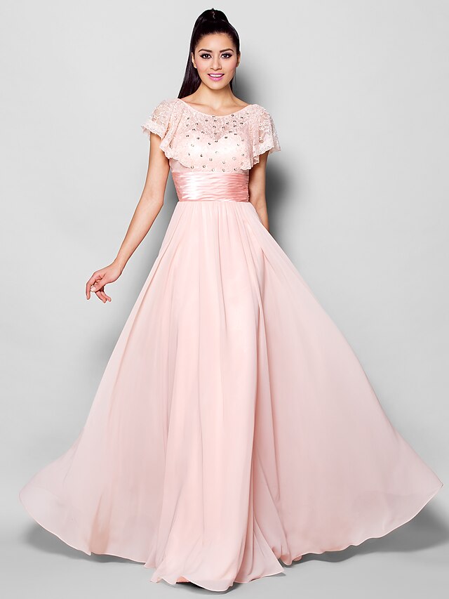 A-Line Open Back Formal Evening Dress Illusion Neck Short Sleeve Floor Length Chiffon with Ruched Crystals