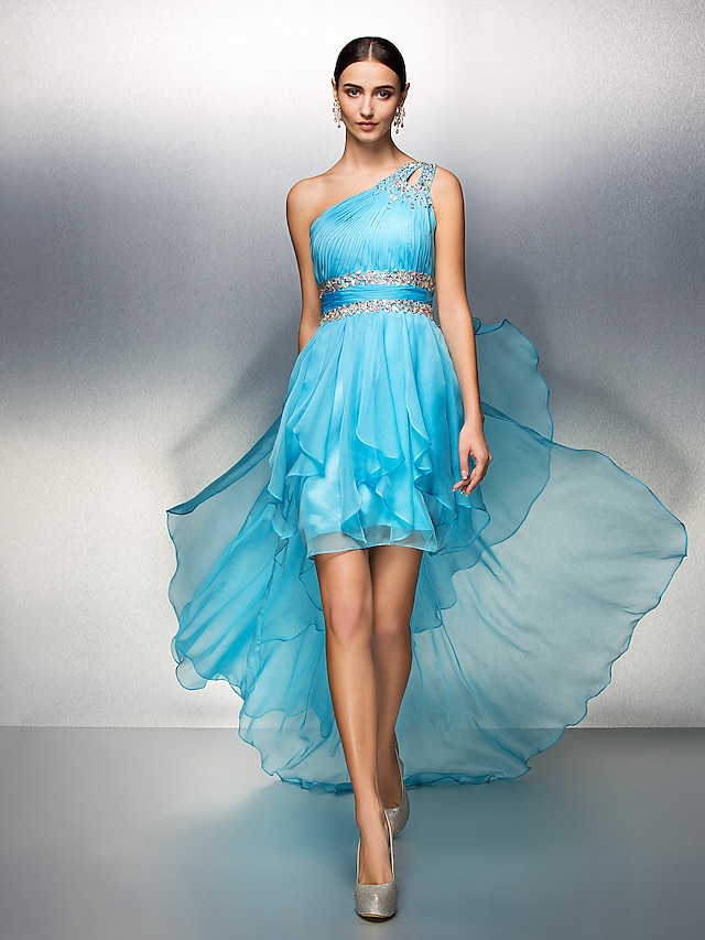  Sheath / Column Cute Dress Homecoming Cocktail Party Asymmetrical Sleeveless One Shoulder Chiffon with Ruched Beading 2023