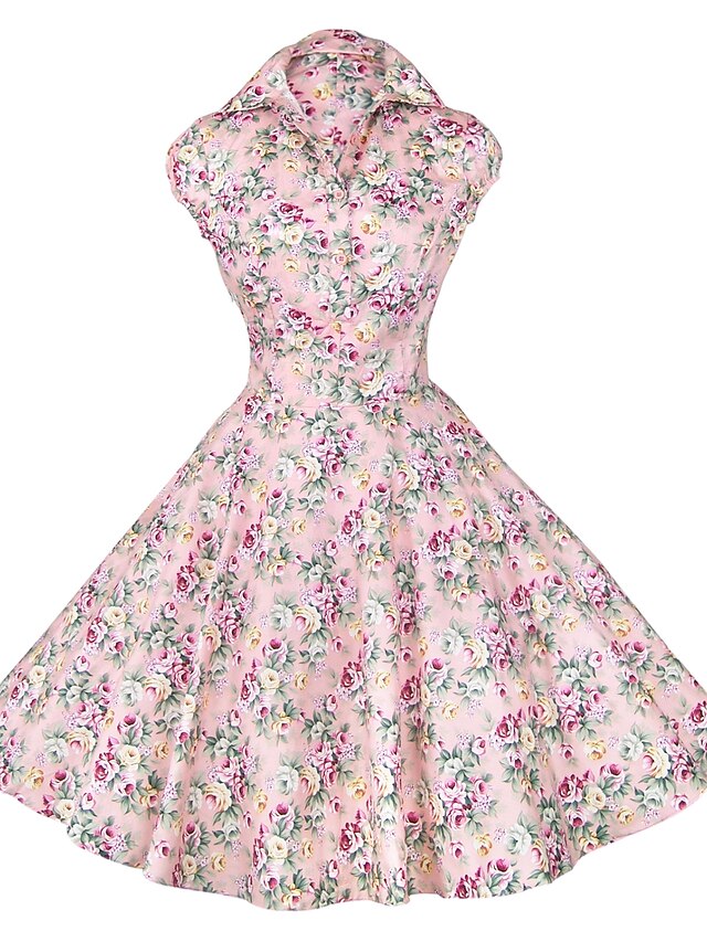  Women's Party Vintage A Line Dress - Floral Print Pleated Boat Neck All Seasons Cotton Blue Pink