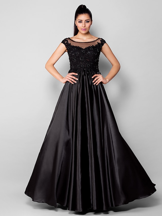  Ball Gown Minimalist Dress Formal Evening Floor Length Short Sleeve Illusion Neck Stretch Satin with Beading Appliques 2024